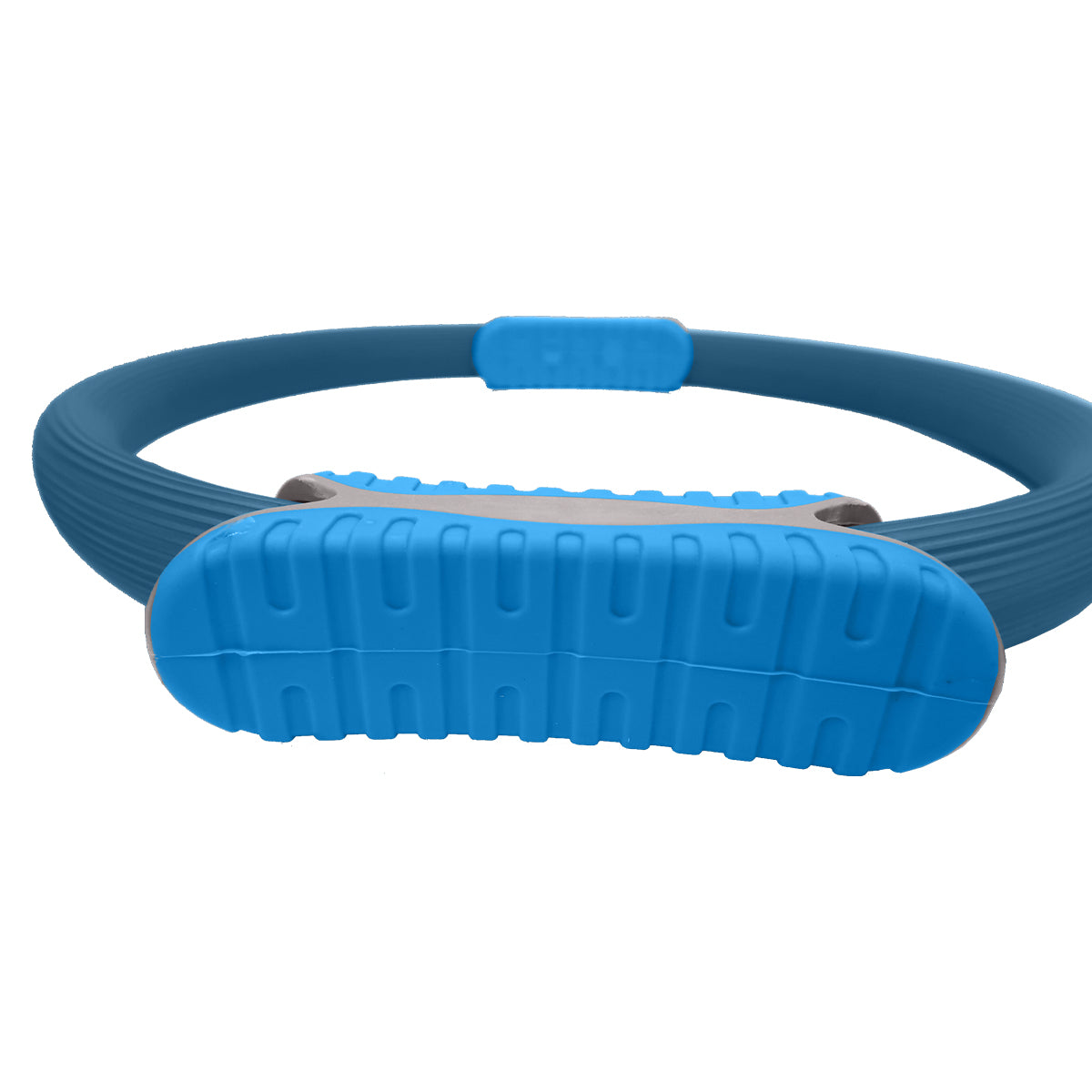 Powertrain Pilates Ring Band in blue color with soft foam handles, ideal for home workouts and muscle toning.