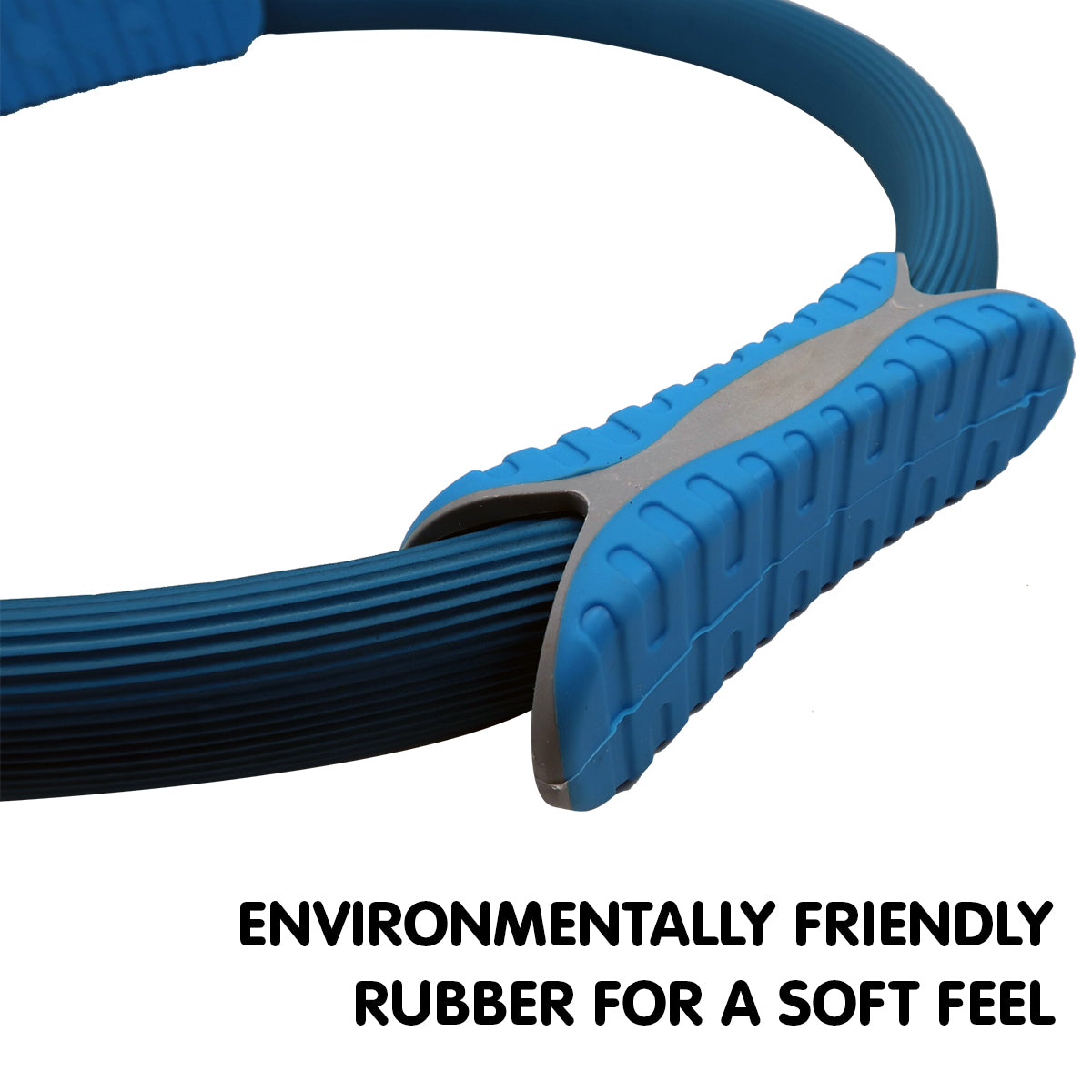 Powertrain Pilates Ring Band in blue color with soft foam handles, ideal for home workouts and muscle toning.