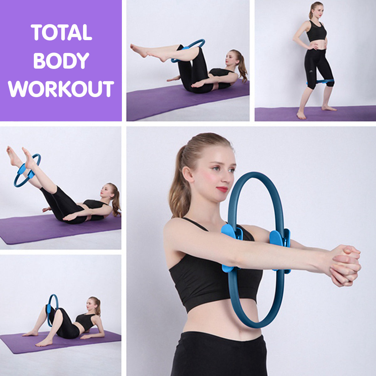 Powertrain Pilates Ring Band in blue color with soft foam handles, ideal for home workouts and muscle toning.