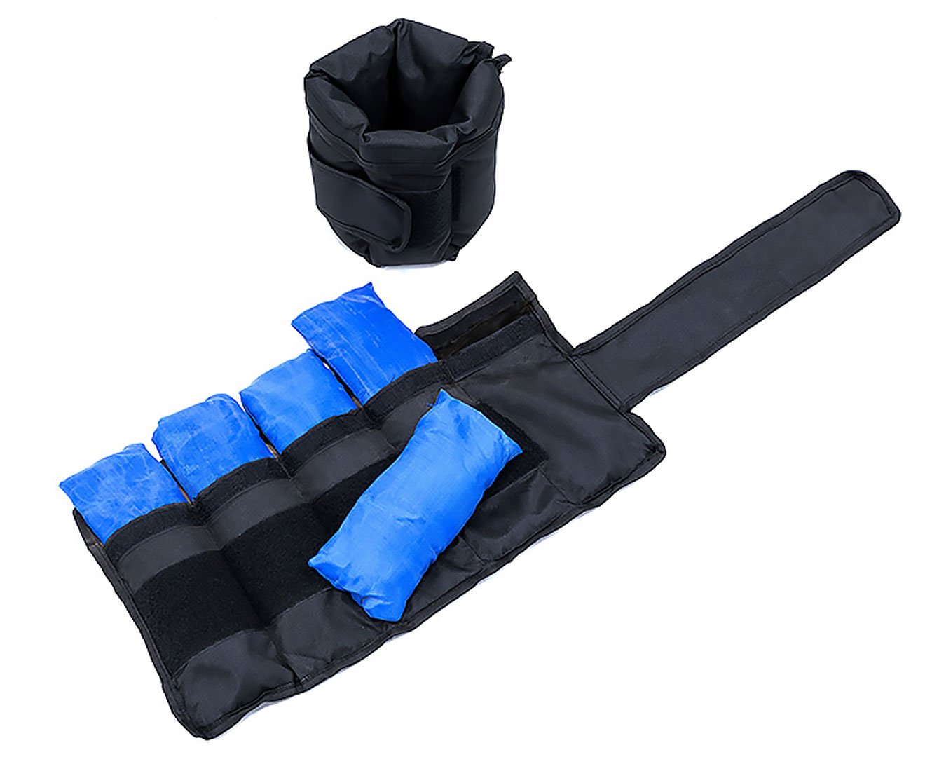 Powertrain Sports Adjustable Ankle Weights, 5kg each, made of heavy-duty nylon with adjustable velcro straps for secure fit.