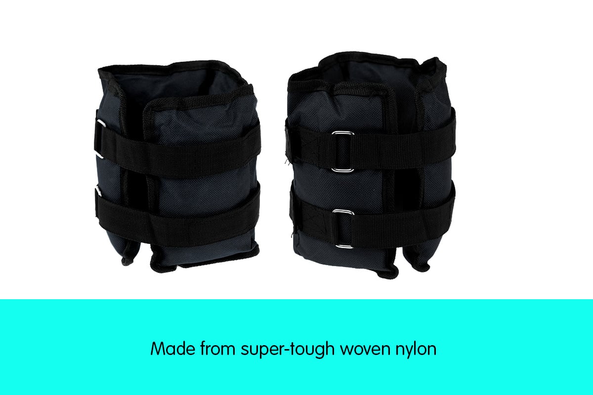 Powertrain Sports 2kg ankle weights with adjustable velcro straps, made from durable nylon, designed for home gym workouts.