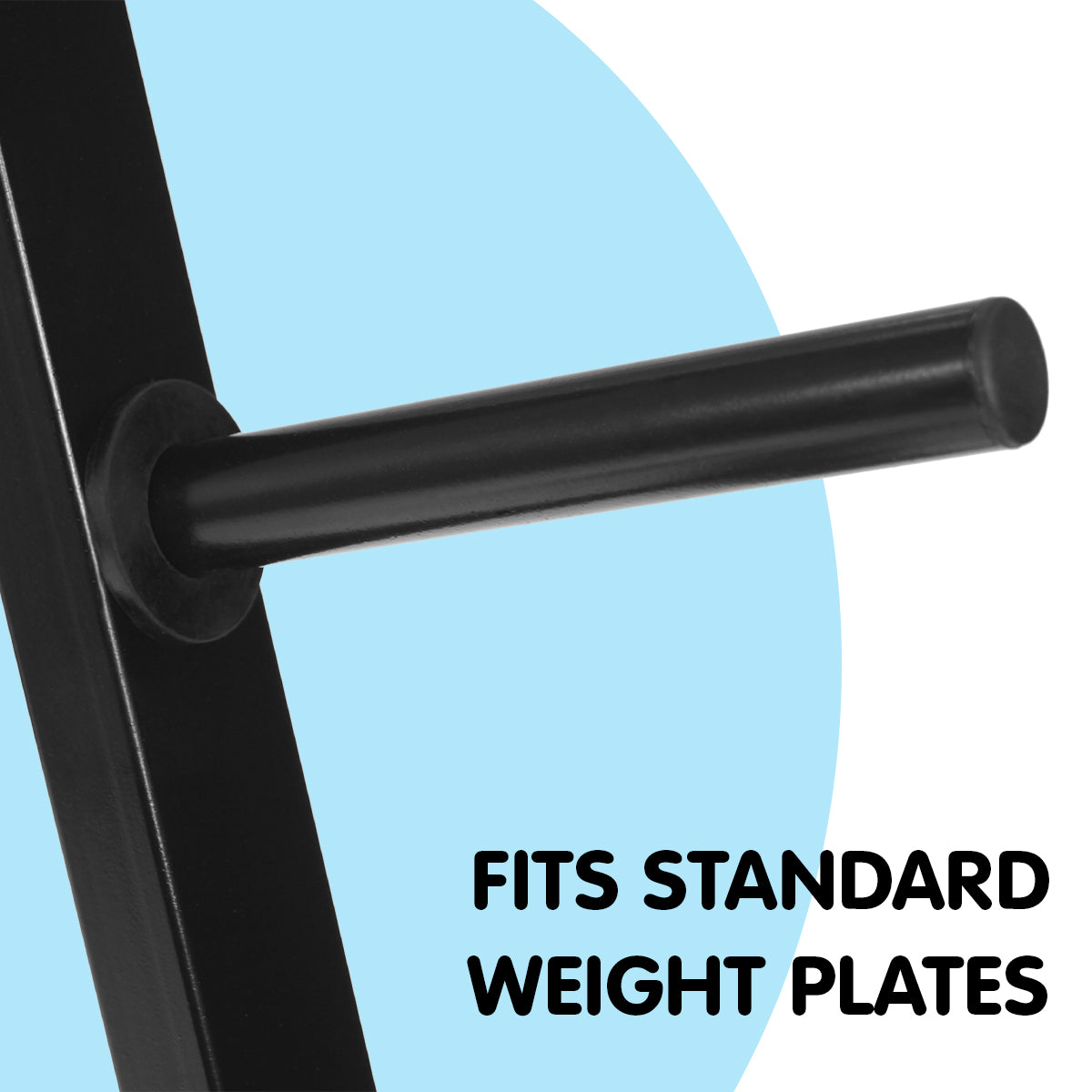 Powertrain Weight Plates Storage Rack with five storage bars, designed for organizing standard weight plates in a home gym.