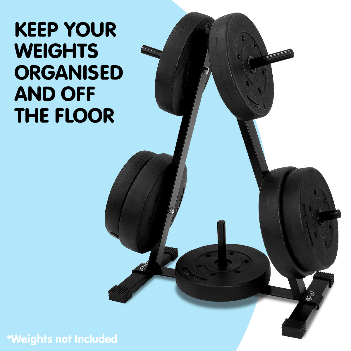 Powertrain Weight Plates Storage Rack with five storage bars, designed for organizing standard weight plates in a home gym.