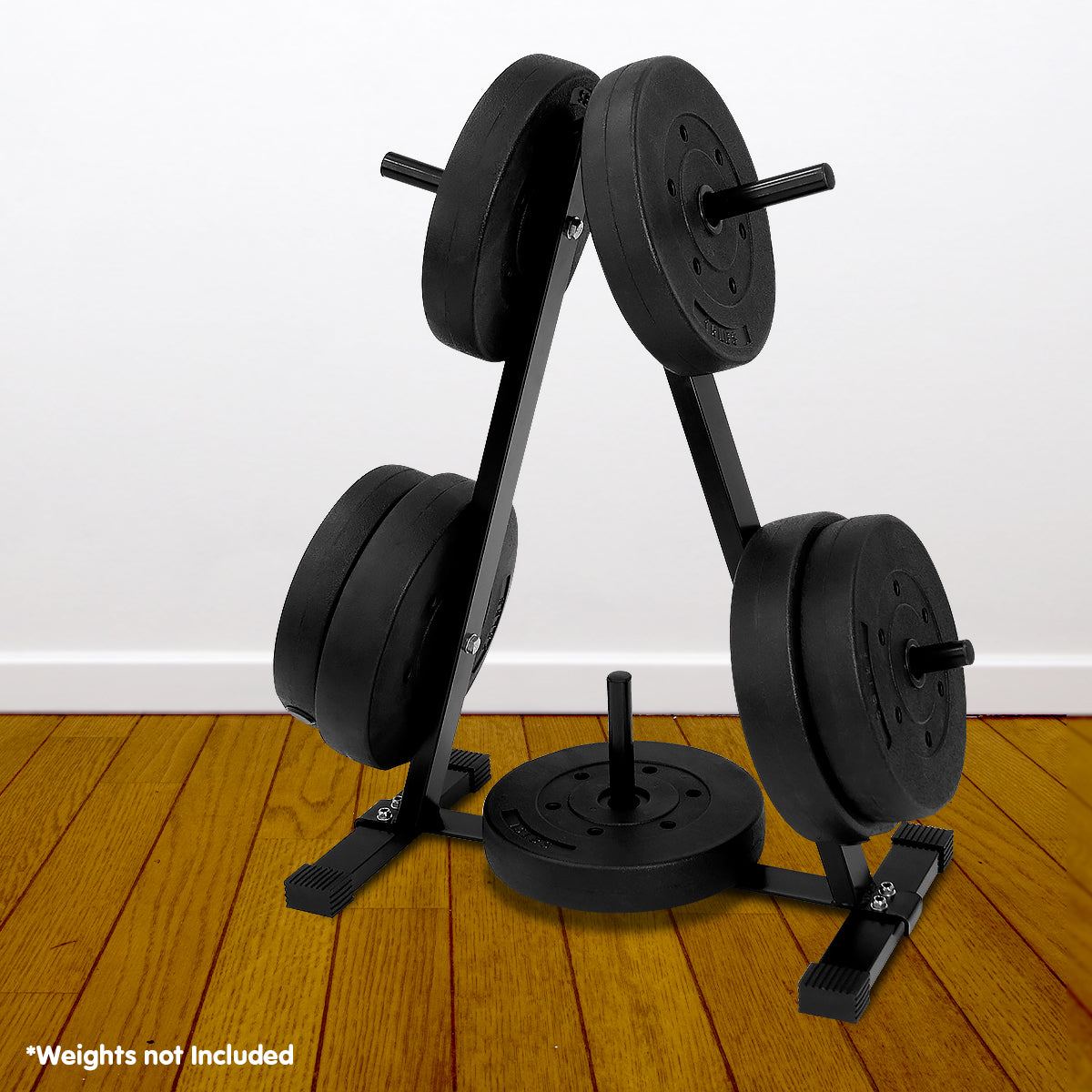 Powertrain Weight Plates Storage Rack with five storage bars, designed for organizing standard weight plates in a home gym.