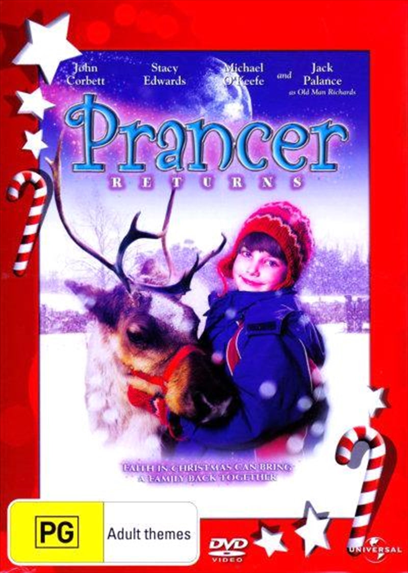 Cover of Prancer Returns DVD featuring a boy with a reindeer in a snowy landscape, capturing the essence of Christmas magic.