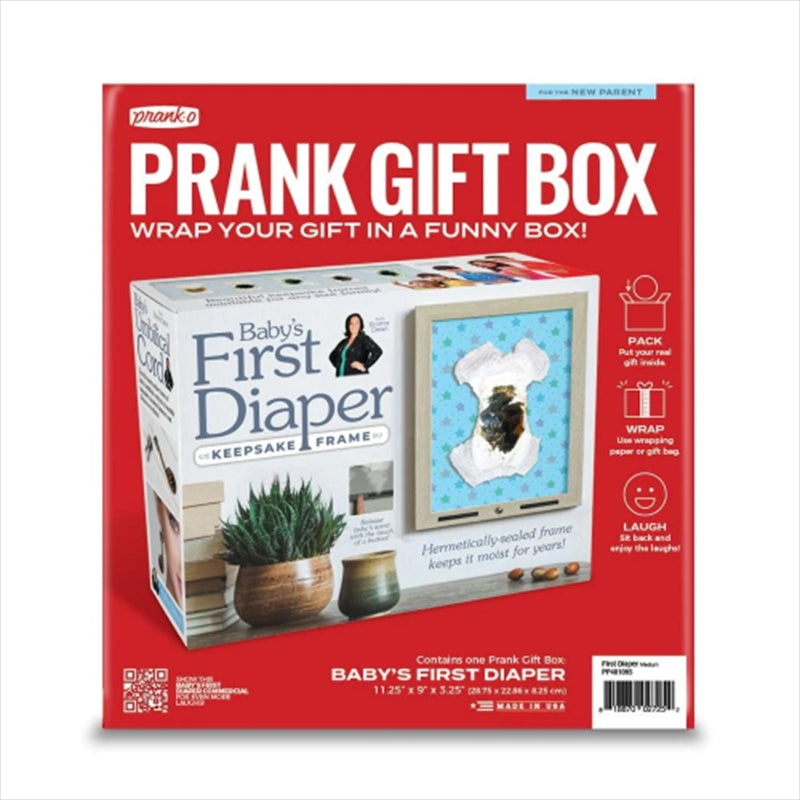 PRANK-O Prank Gift Box featuring a humorous design for Baby's First Diaper, perfect for baby showers.