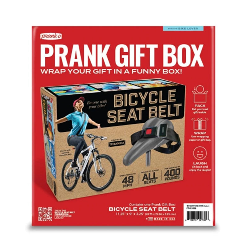 PRANK-O Prank Gift Box featuring a humorous bicycle seat belt design, perfect for prank gifts.