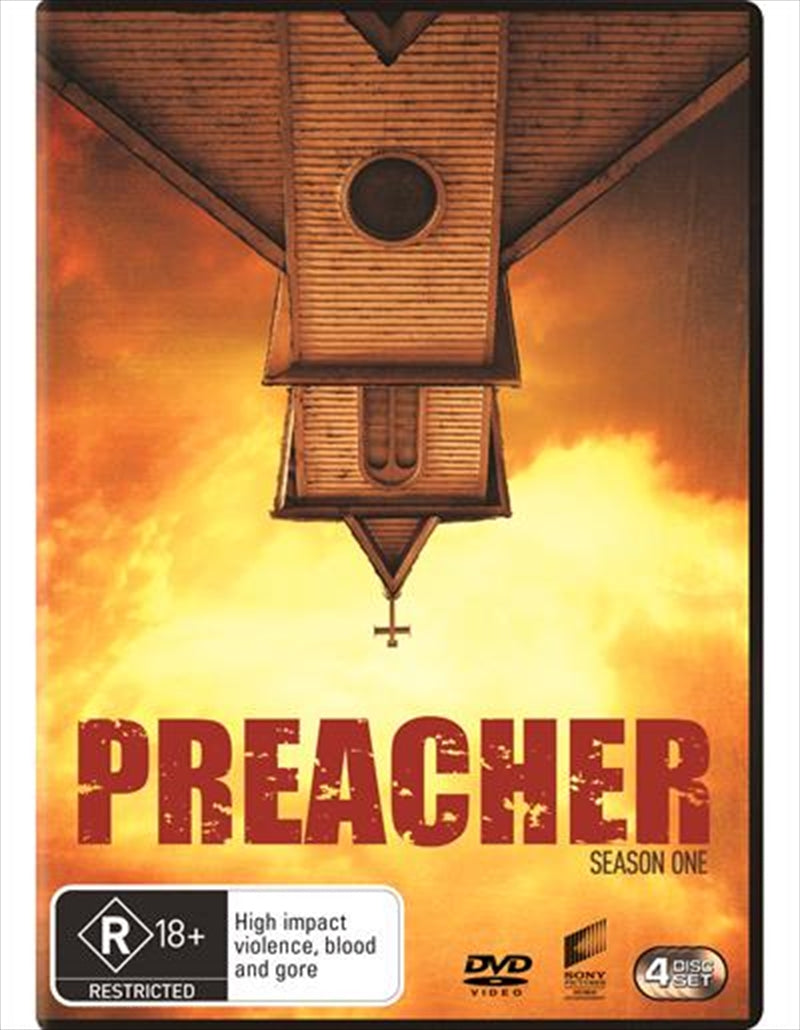 Preacher - Season 1 DVD cover featuring Jesse Custer, Tulip, and Cassidy in a dramatic pose.