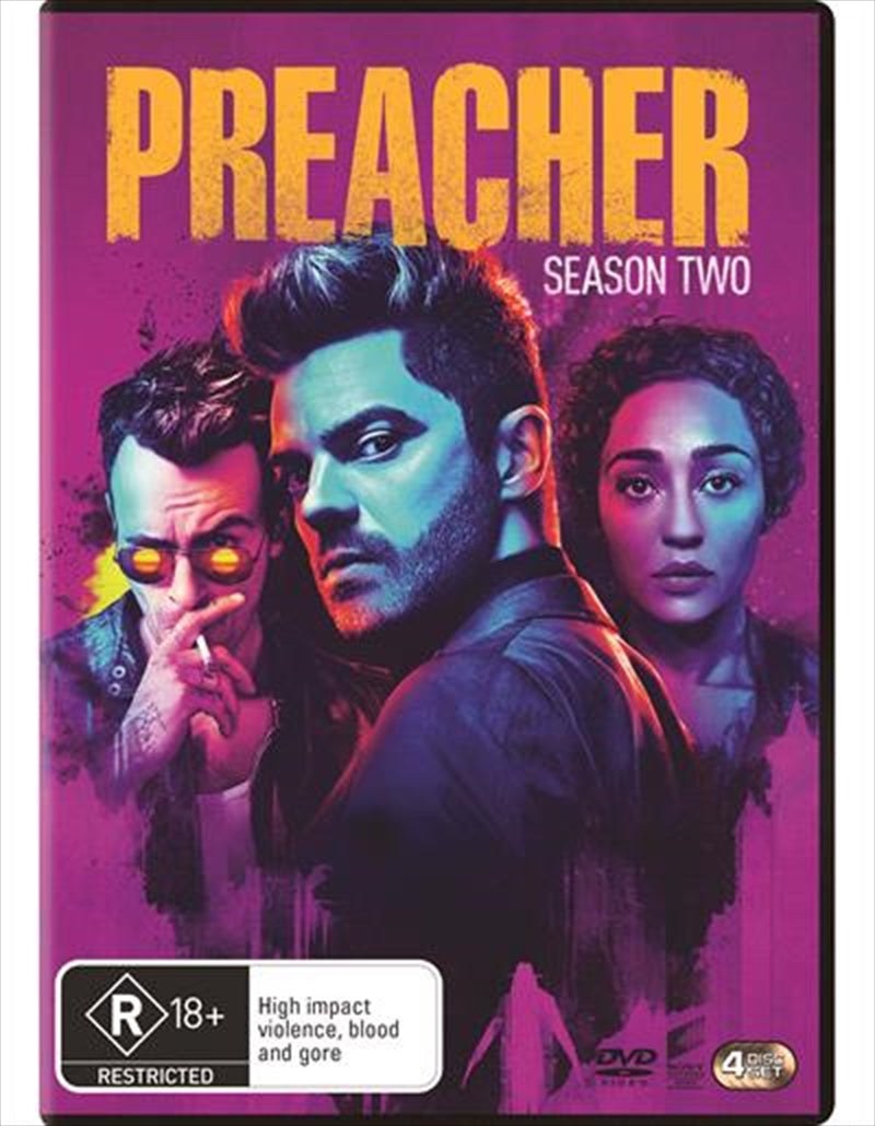 Preacher Season 2 DVD cover featuring Jesse Custer, Tulip, and Cassidy in a dramatic pose.