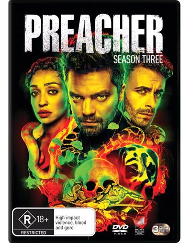 Cover art of Preacher - Season 3 DVD featuring the preacher, a vampire, and dramatic imagery.