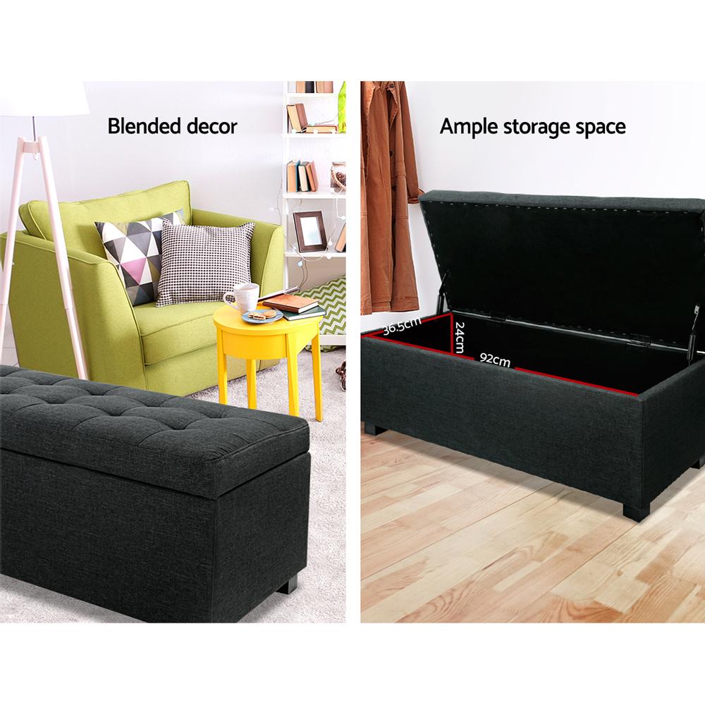 Premium Storage Ottoman in Charcoal, featuring faux linen fabric and a plush cushion-top seat, ideal for stylish storage and seating.