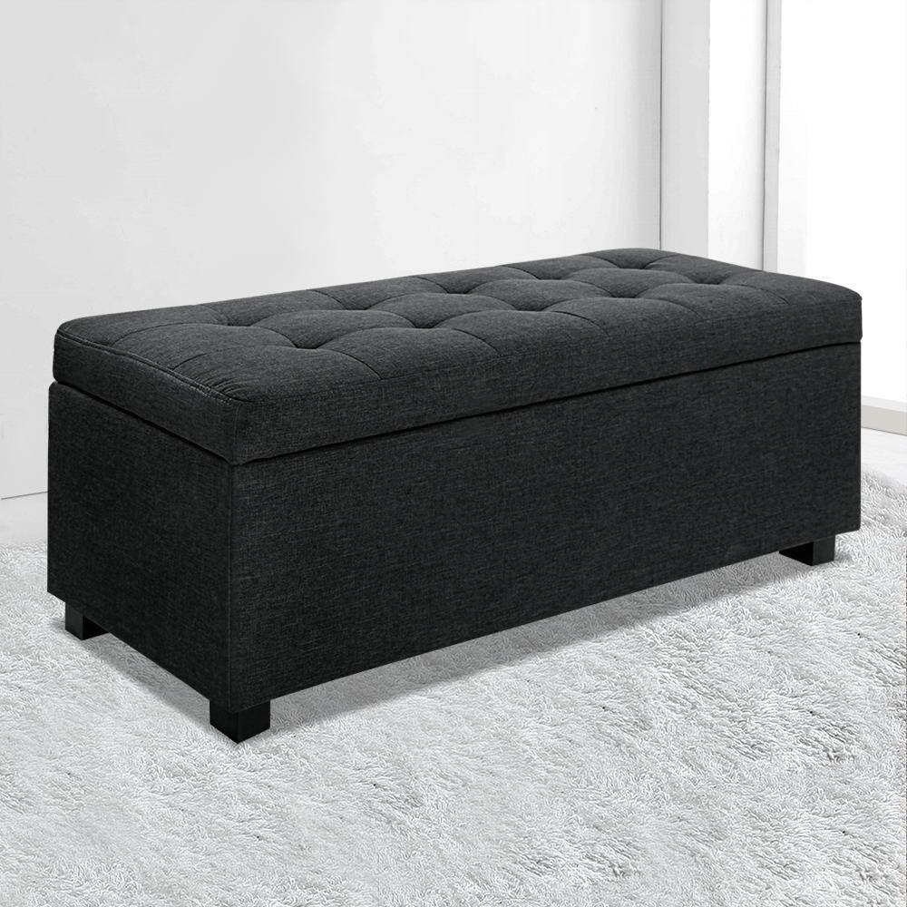 Premium Storage Ottoman in Charcoal, featuring faux linen fabric and a plush cushion-top seat, ideal for stylish storage and seating.