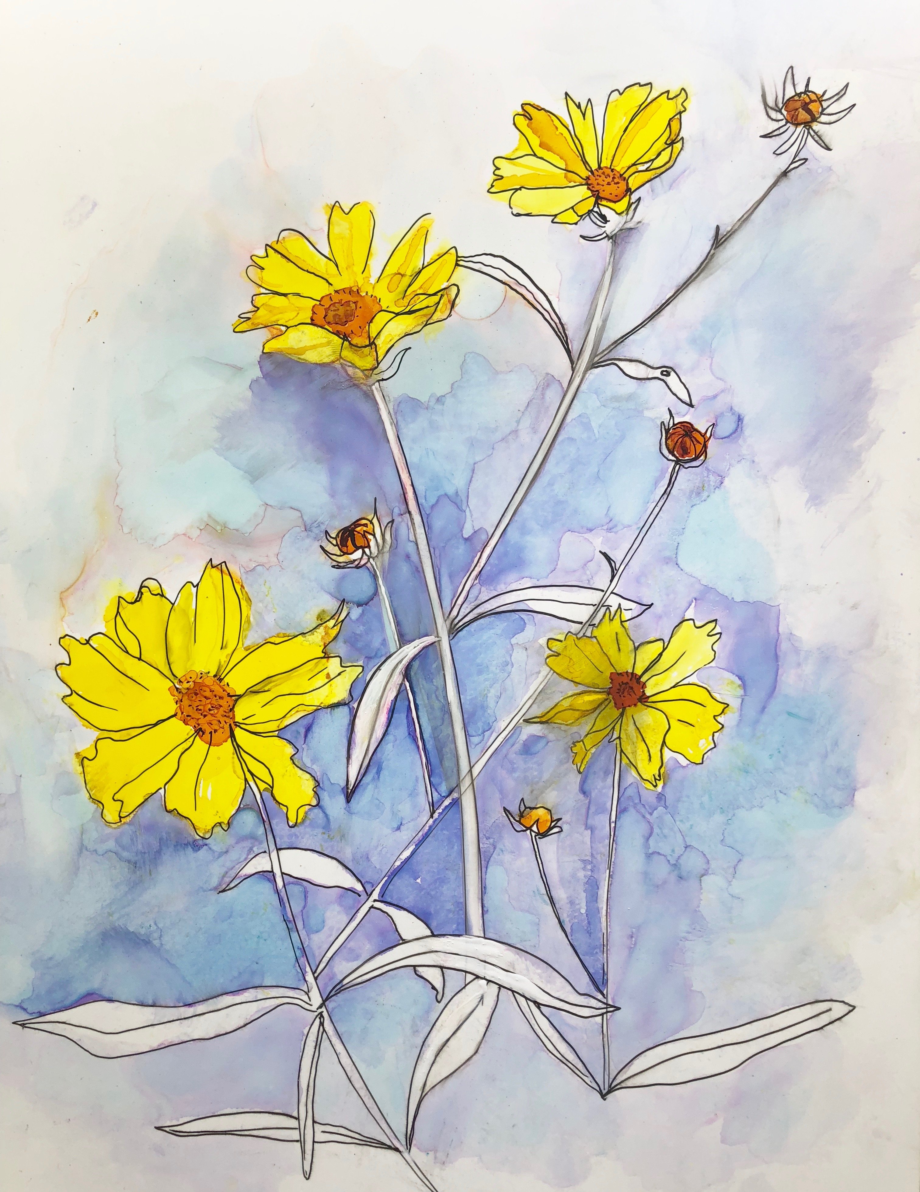 A vibrant greeting card featuring cheerful yellow flowers painted with pen and alcohol inks, set against a soft background.