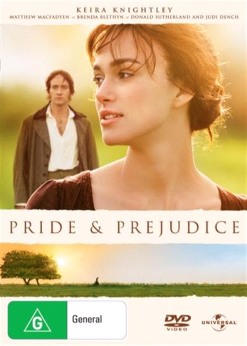 Pride and Prejudice DVD cover featuring romantic scenes and classic characters from the film.