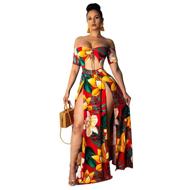 A stylish Printed Summer Beach Maxi Dress featuring a strapless design and high slit, perfect for summer outings.