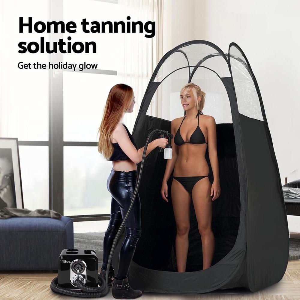 Professional Spray Tan Machine Gun in black color, featuring a sleek design, adjustable speed controls, and a transparent spray gun window.