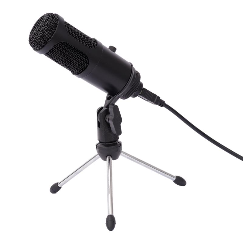 Professional USB Capacitor Microphone with adjustable volume knob and USB connection, ideal for computer recording.