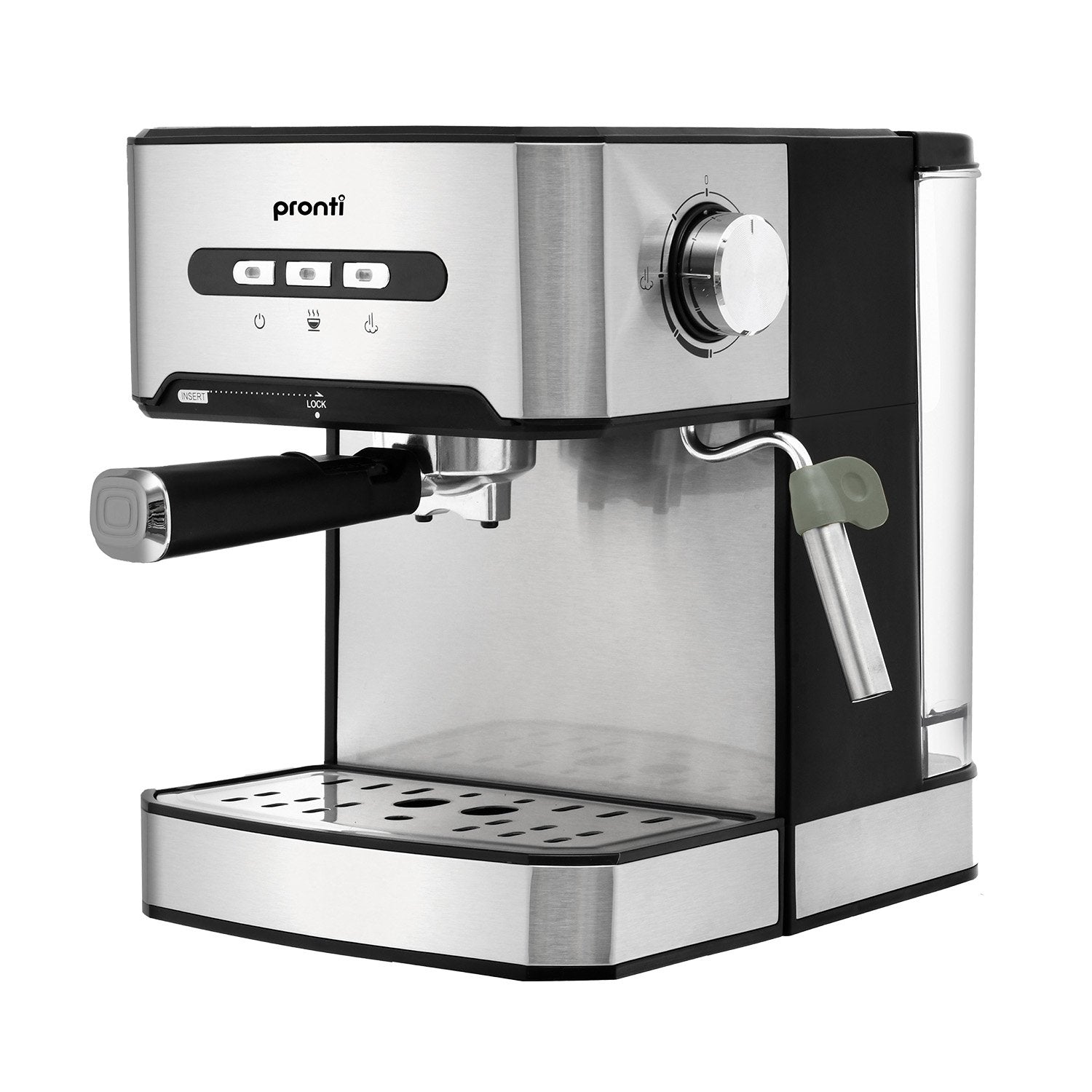 Pronti 1.6L Automatic Coffee Espresso Machine with steam frother, showcasing its sleek stainless steel design and user-friendly control panel.