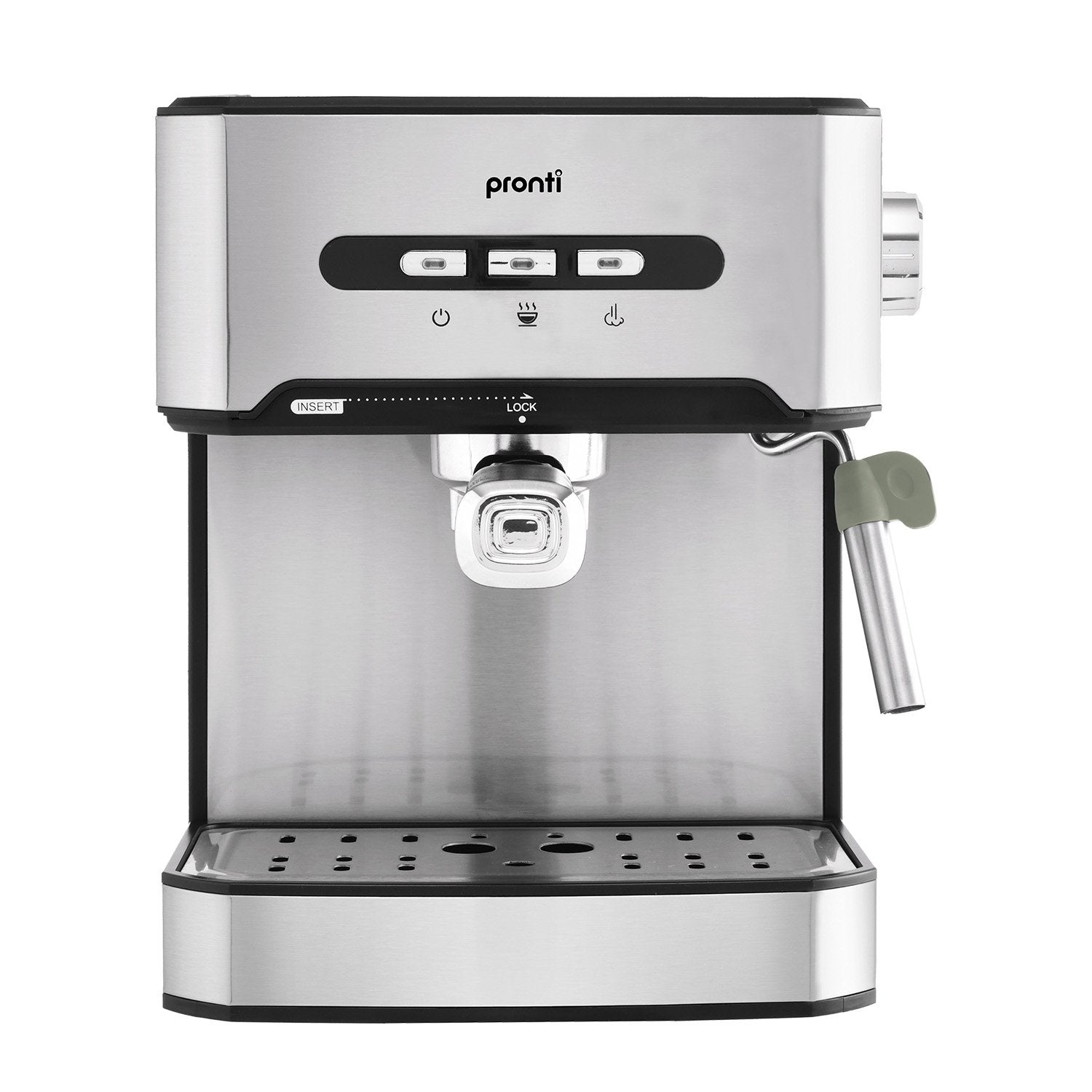 Pronti 1.6L Automatic Coffee Espresso Machine with steam frother, showcasing its sleek stainless steel design and user-friendly control panel.