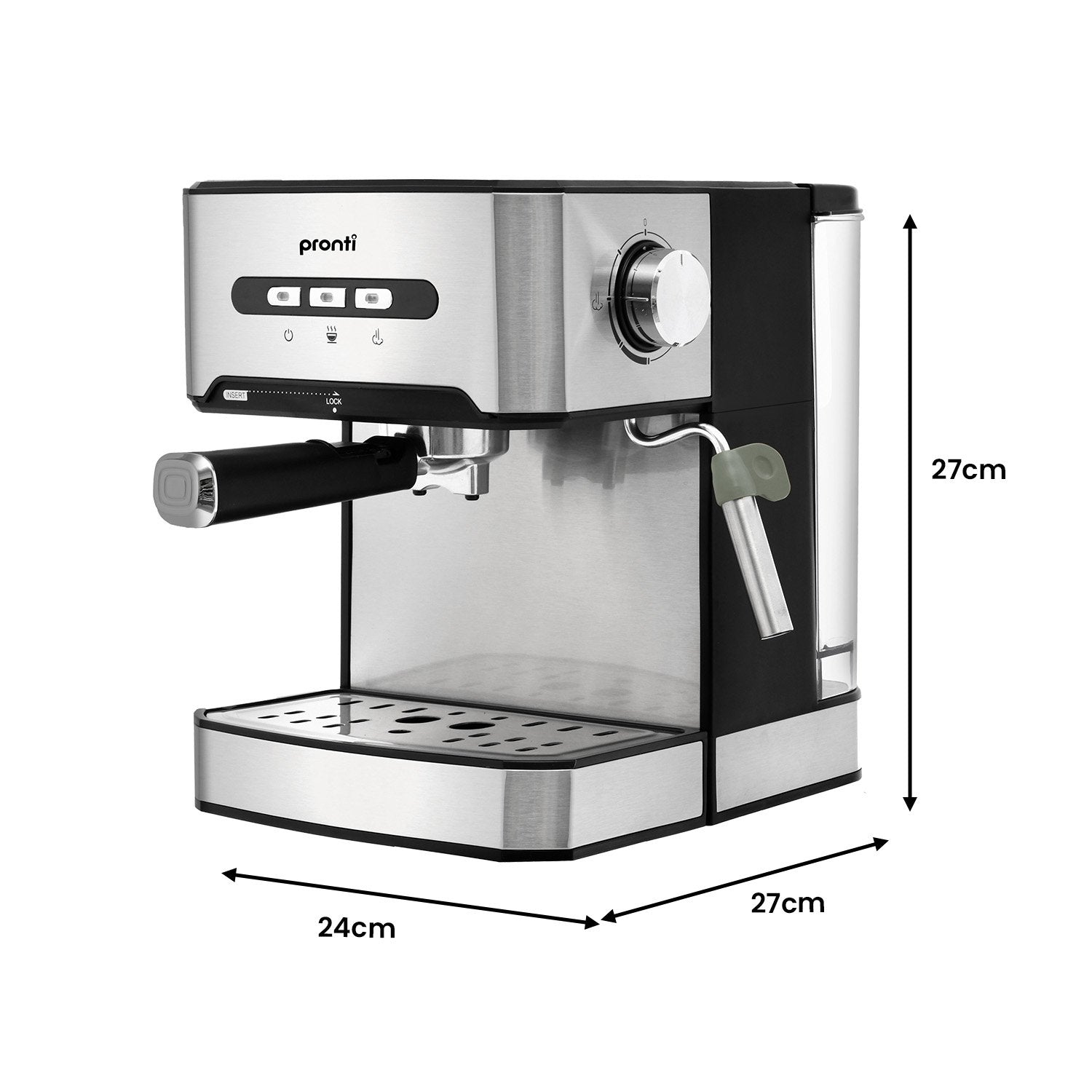 Pronti 1.6L Automatic Coffee Espresso Machine with steam frother, showcasing its sleek stainless steel design and user-friendly control panel.