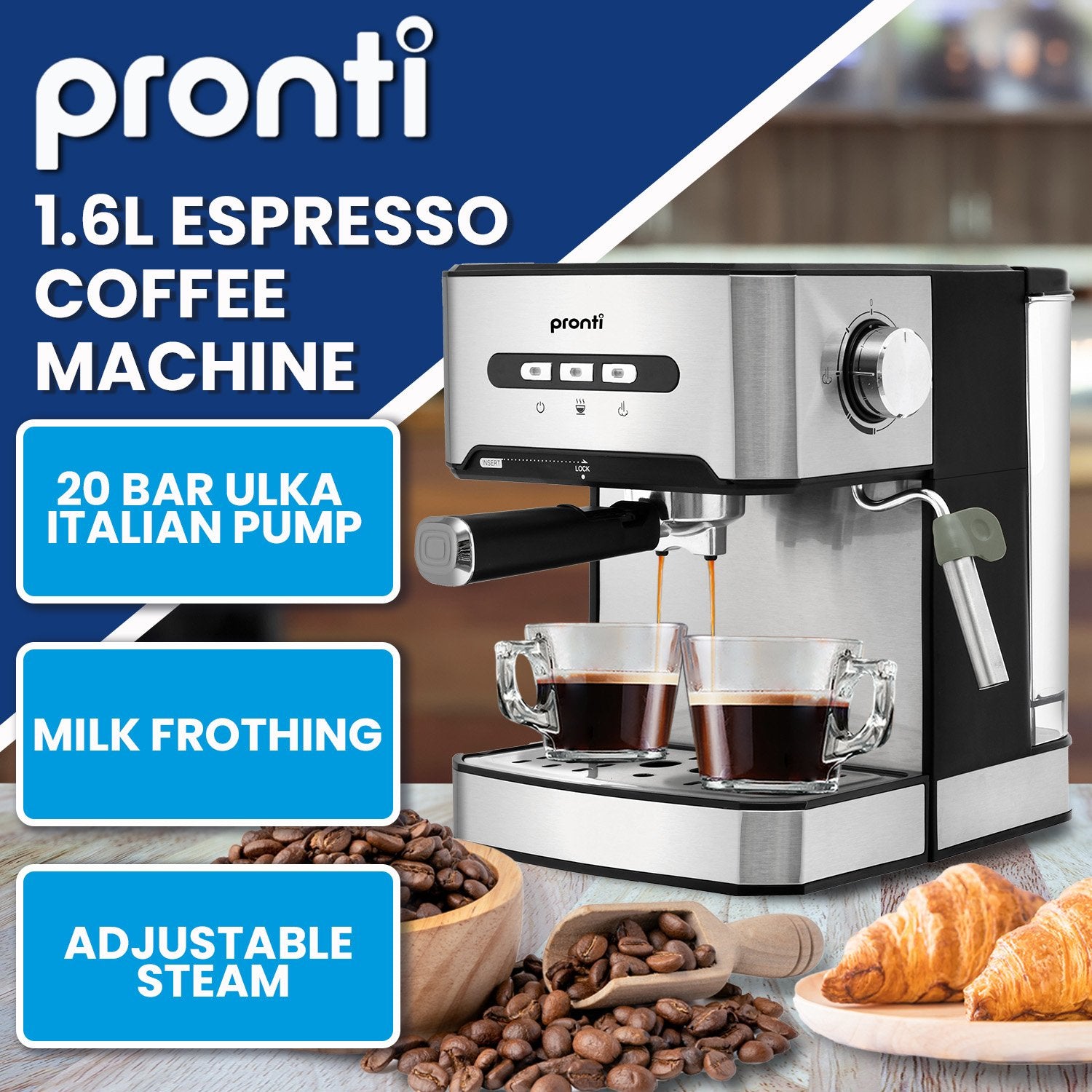 Pronti 1.6L Automatic Coffee Espresso Machine with steam frother, showcasing its sleek stainless steel design and user-friendly control panel.