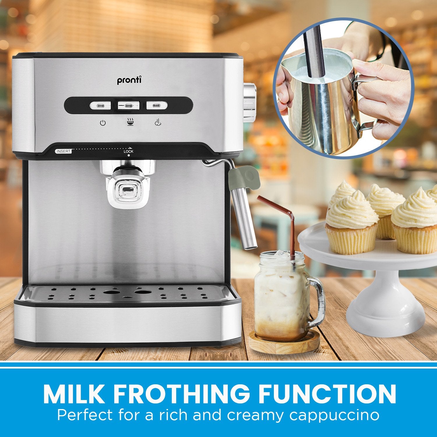 Pronti 1.6L Automatic Coffee Espresso Machine with steam frother, showcasing its sleek stainless steel design and user-friendly control panel.