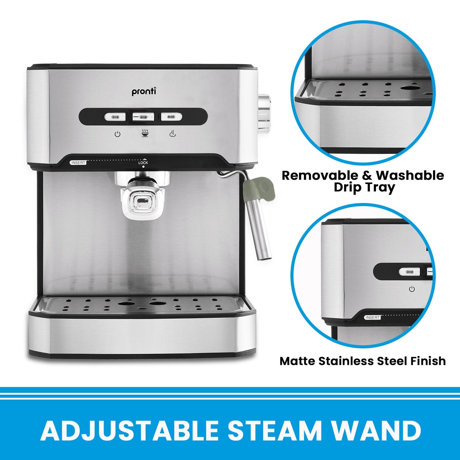 Pronti 1.6L Automatic Coffee Espresso Machine with steam frother, showcasing its sleek stainless steel design and user-friendly control panel.