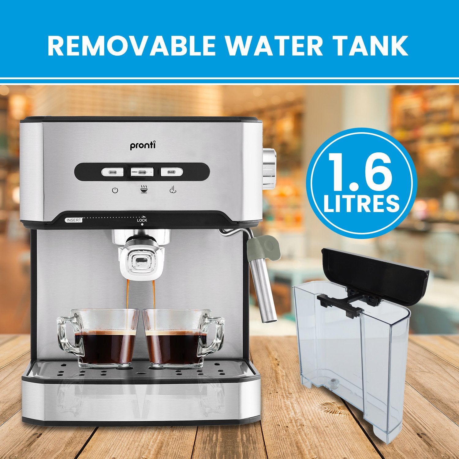 Pronti 1.6L Automatic Coffee Espresso Machine with steam frother, showcasing its sleek stainless steel design and user-friendly control panel.