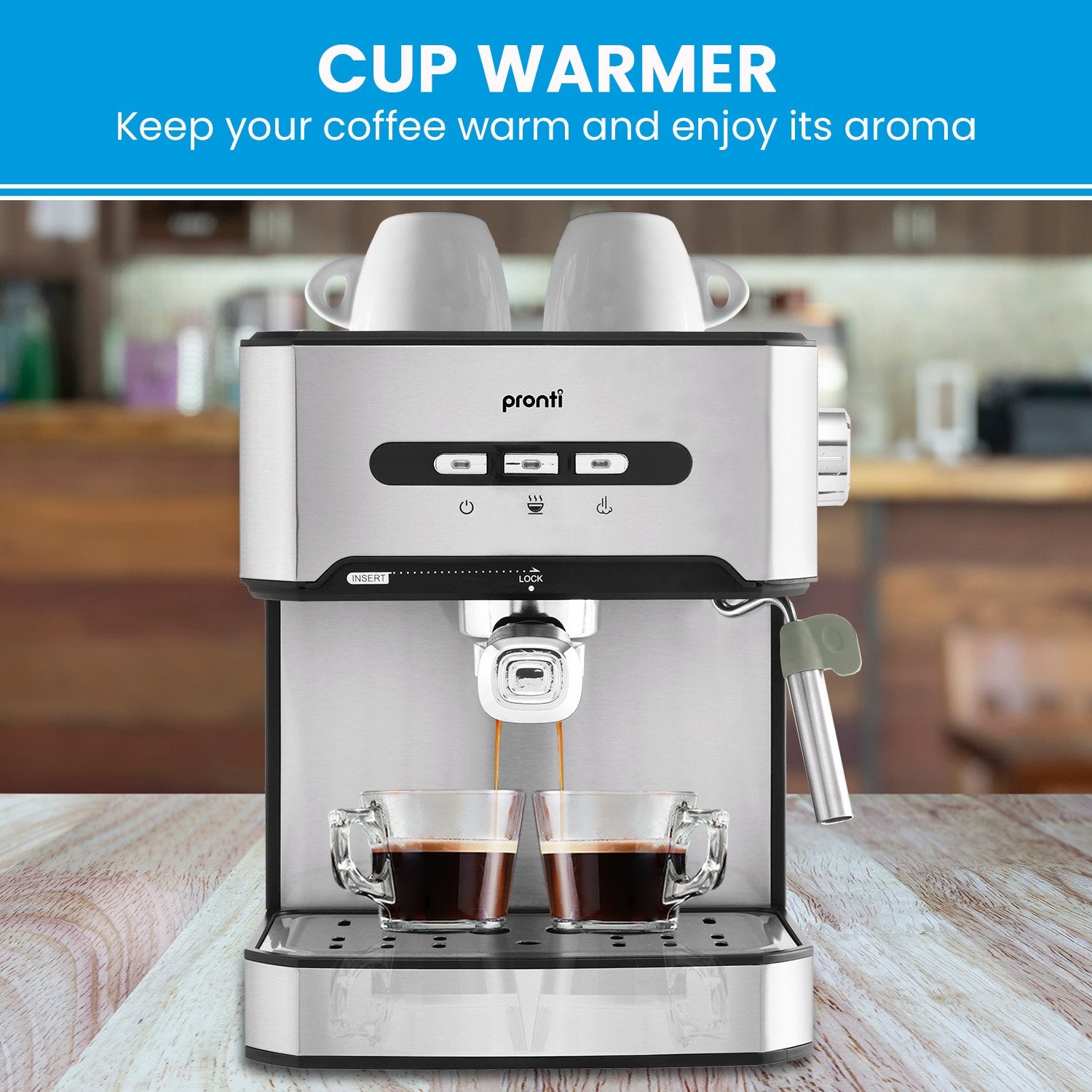 Pronti 1.6L Automatic Coffee Espresso Machine with steam frother, showcasing its sleek stainless steel design and user-friendly control panel.