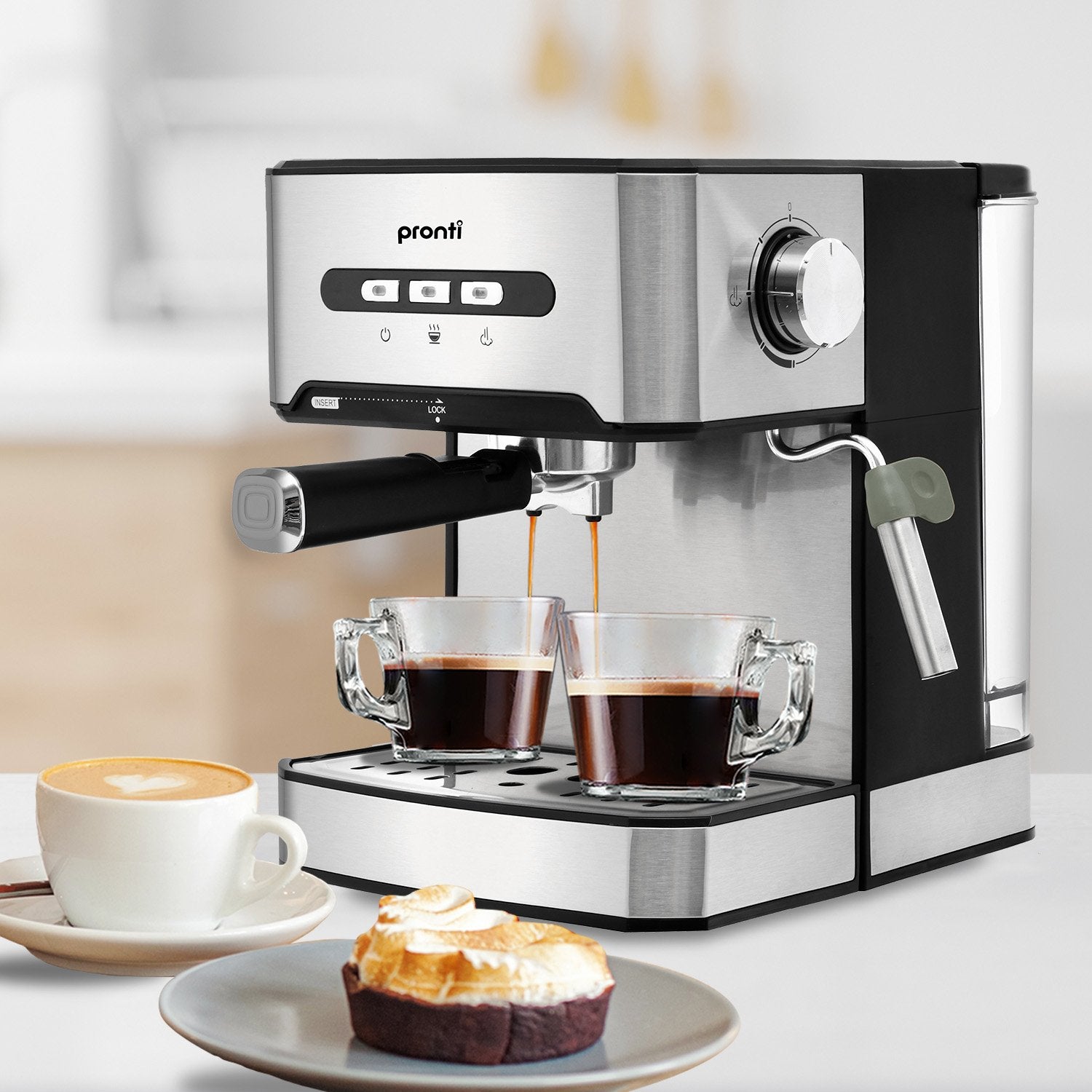 Pronti 1.6L Automatic Coffee Espresso Machine with steam frother, showcasing its sleek stainless steel design and user-friendly control panel.