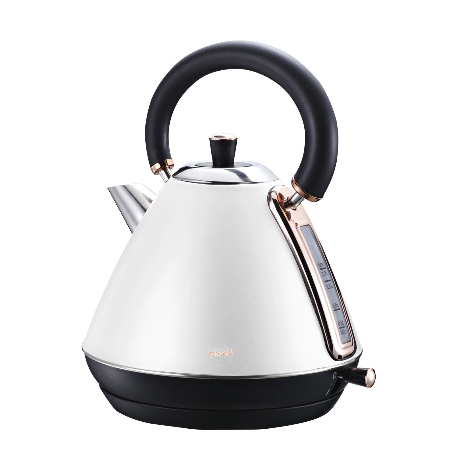 Pronti 1.7L Rose Trim Kettle in white with rose gold accents, showcasing its elegant design and features.