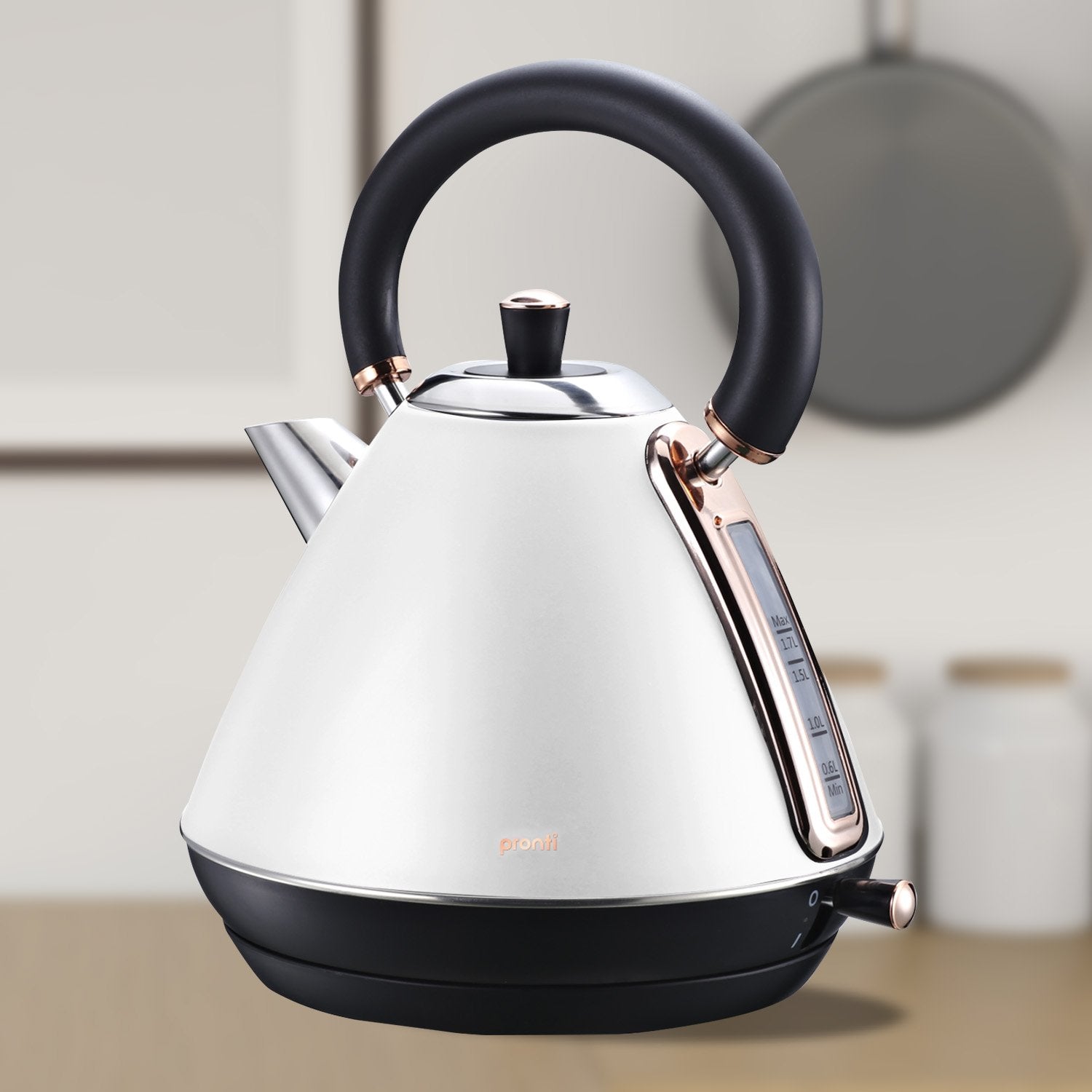 Pronti 1.7L Rose Trim Kettle in white with rose gold accents, showcasing its elegant design and features.