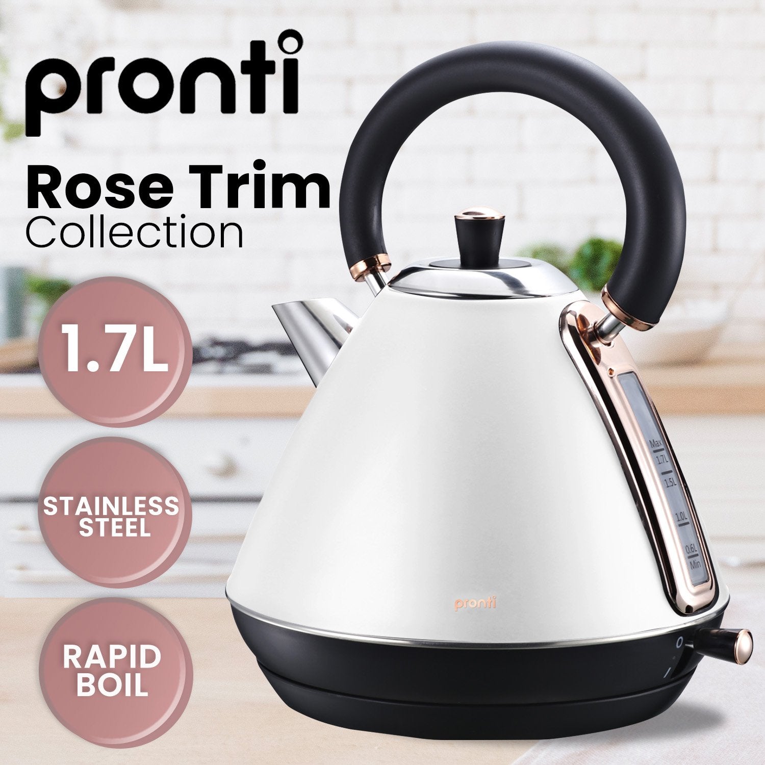 Pronti 1.7L Rose Trim Kettle in white with rose gold accents, showcasing its elegant design and features.