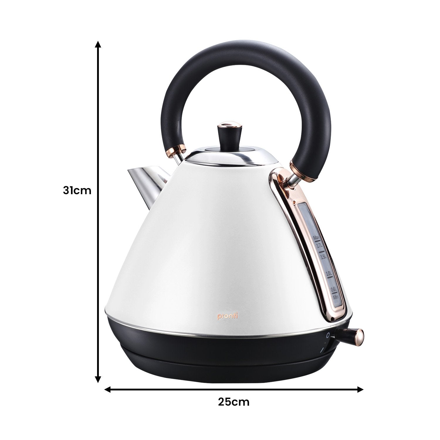 Pronti 1.7L Rose Trim Kettle in white with rose gold accents, showcasing its elegant design and features.