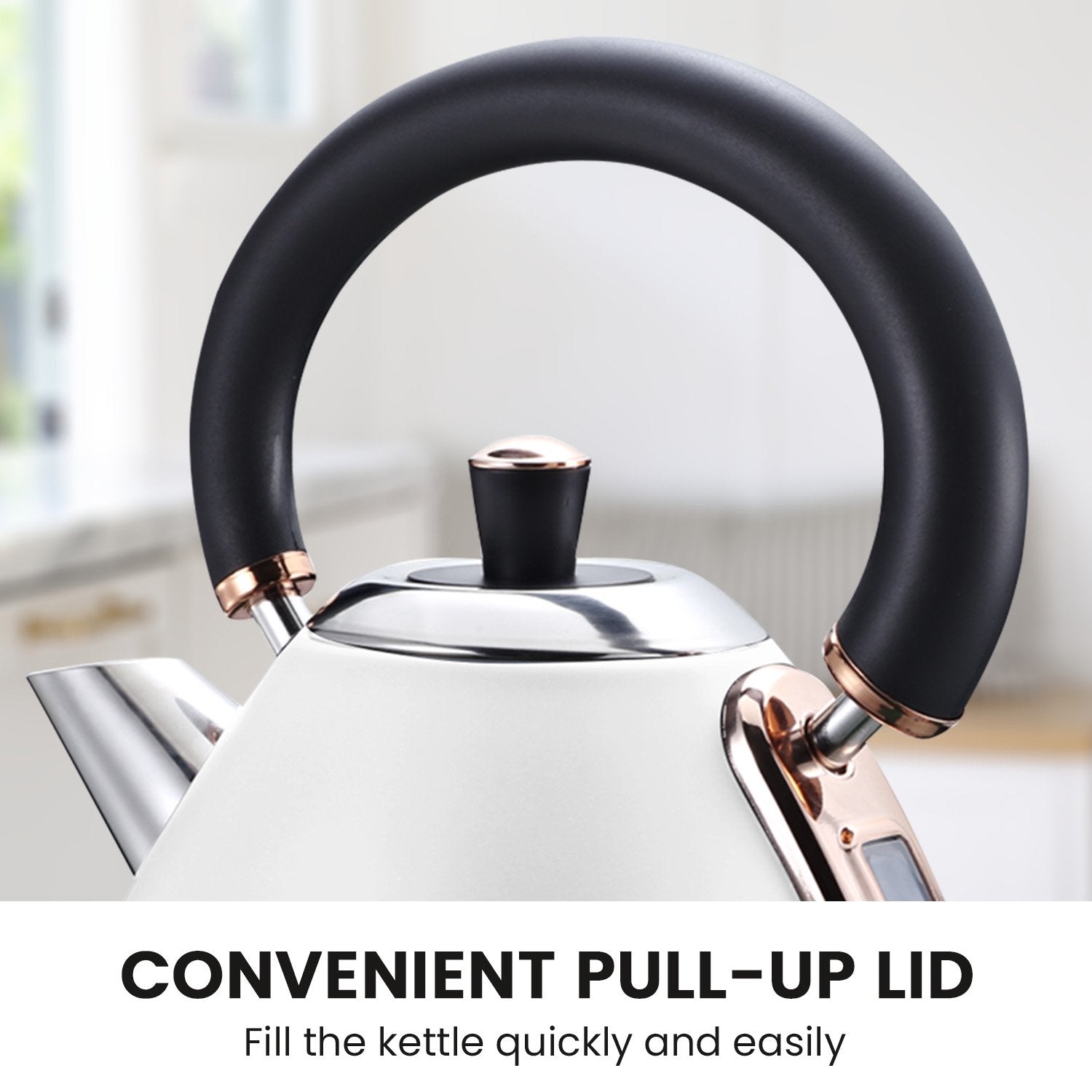 Pronti 1.7L Rose Trim Kettle in white with rose gold accents, showcasing its elegant design and features.