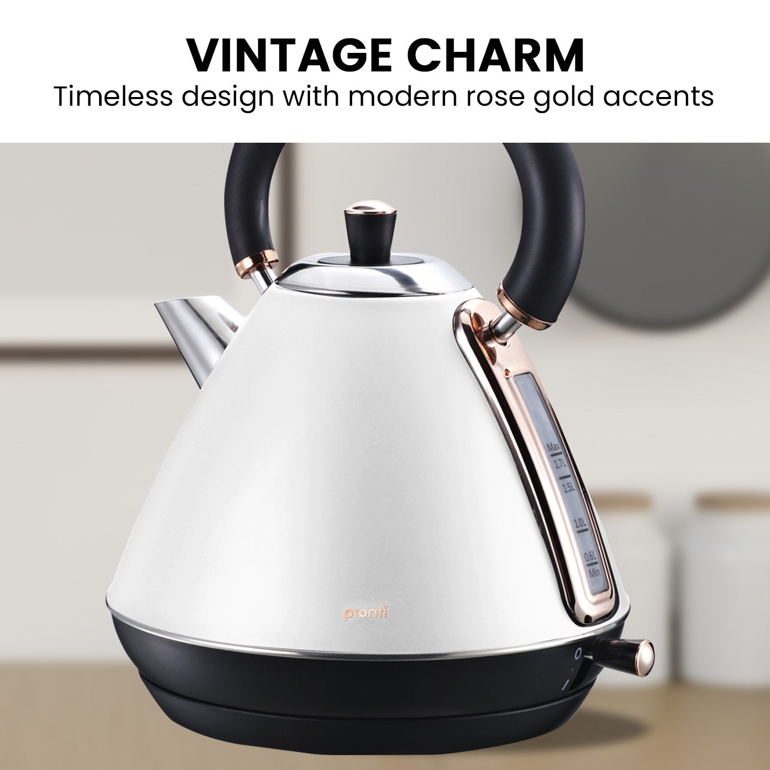 Pronti 1.7L Rose Trim Kettle in white with rose gold accents, showcasing its elegant design and features.