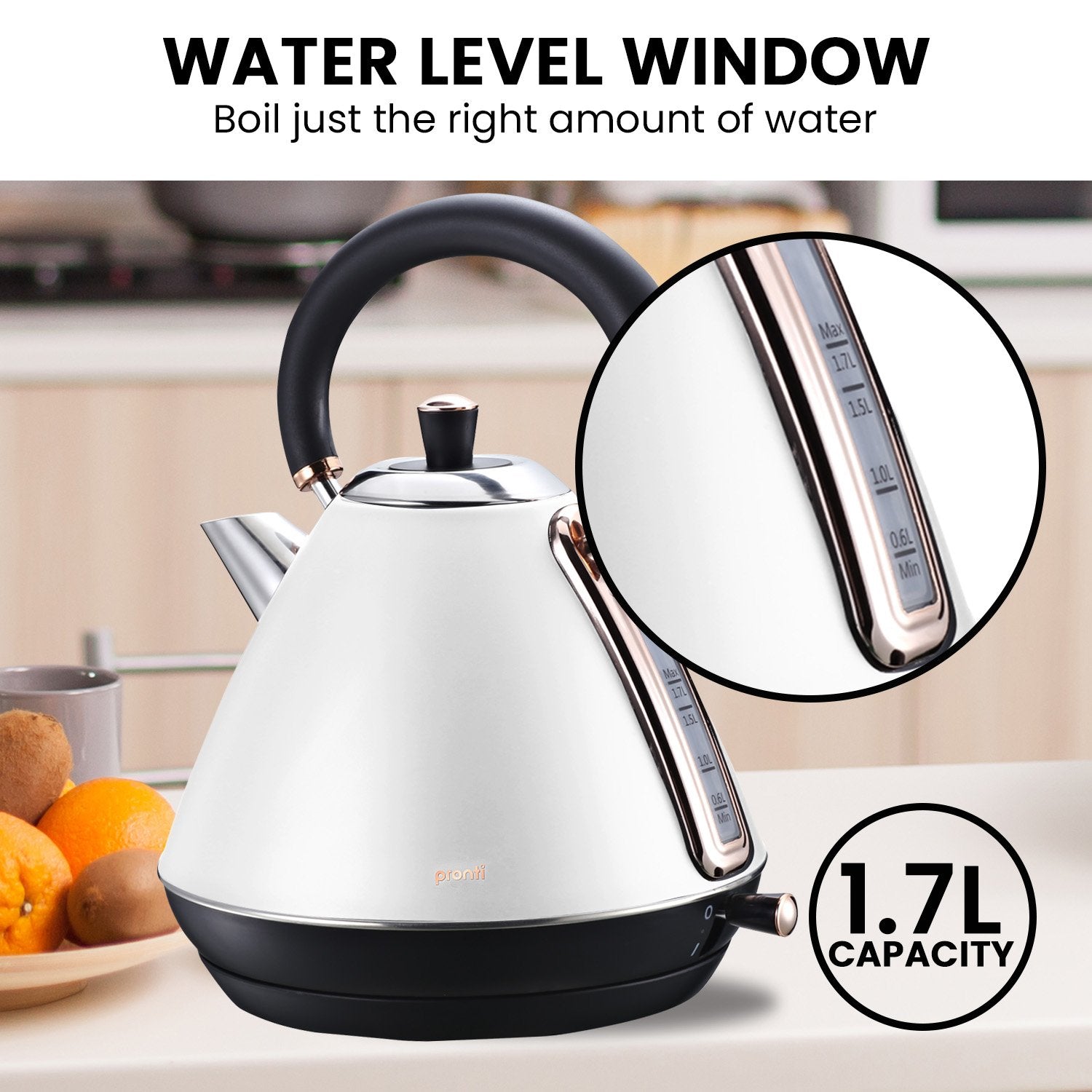 Pronti 1.7L Rose Trim Kettle in white with rose gold accents, showcasing its elegant design and features.