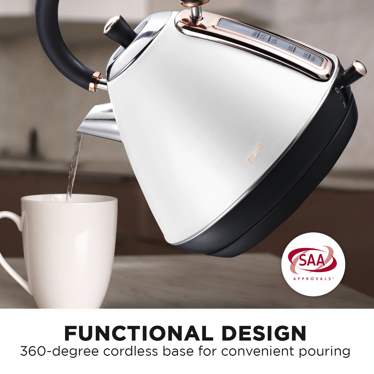 Pronti 1.7L Rose Trim Kettle in white with rose gold accents, showcasing its elegant design and features.