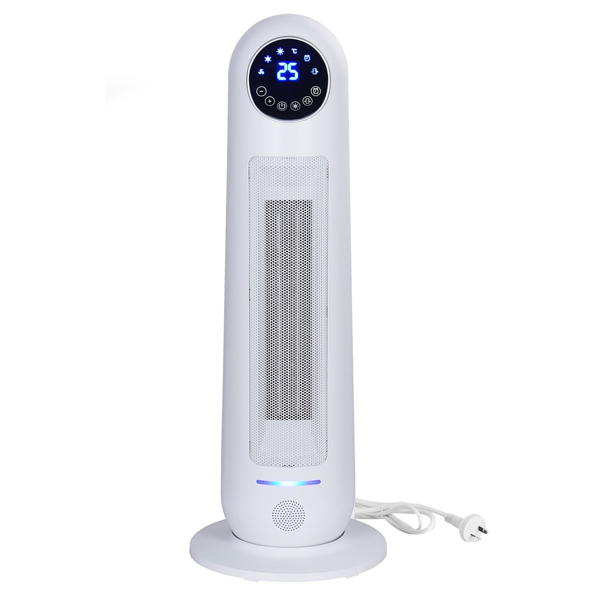 Pronti Electric Tower Heater 2200W in white with remote control, showcasing its sleek design and LED display.