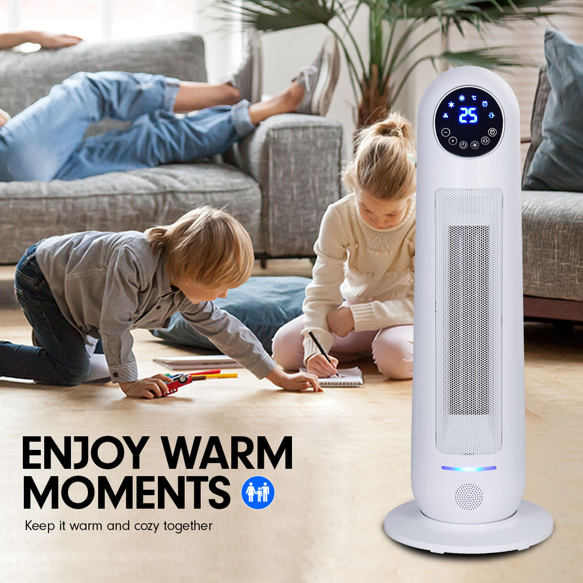 Pronti Electric Tower Heater 2200W in white with remote control, showcasing its sleek design and LED display.