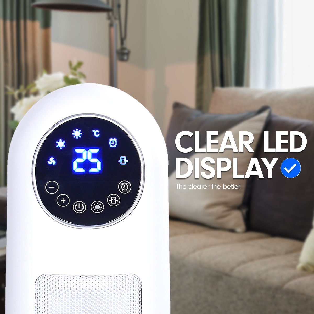 Pronti Electric Tower Heater 2200W in white with remote control, showcasing its sleek design and LED display.