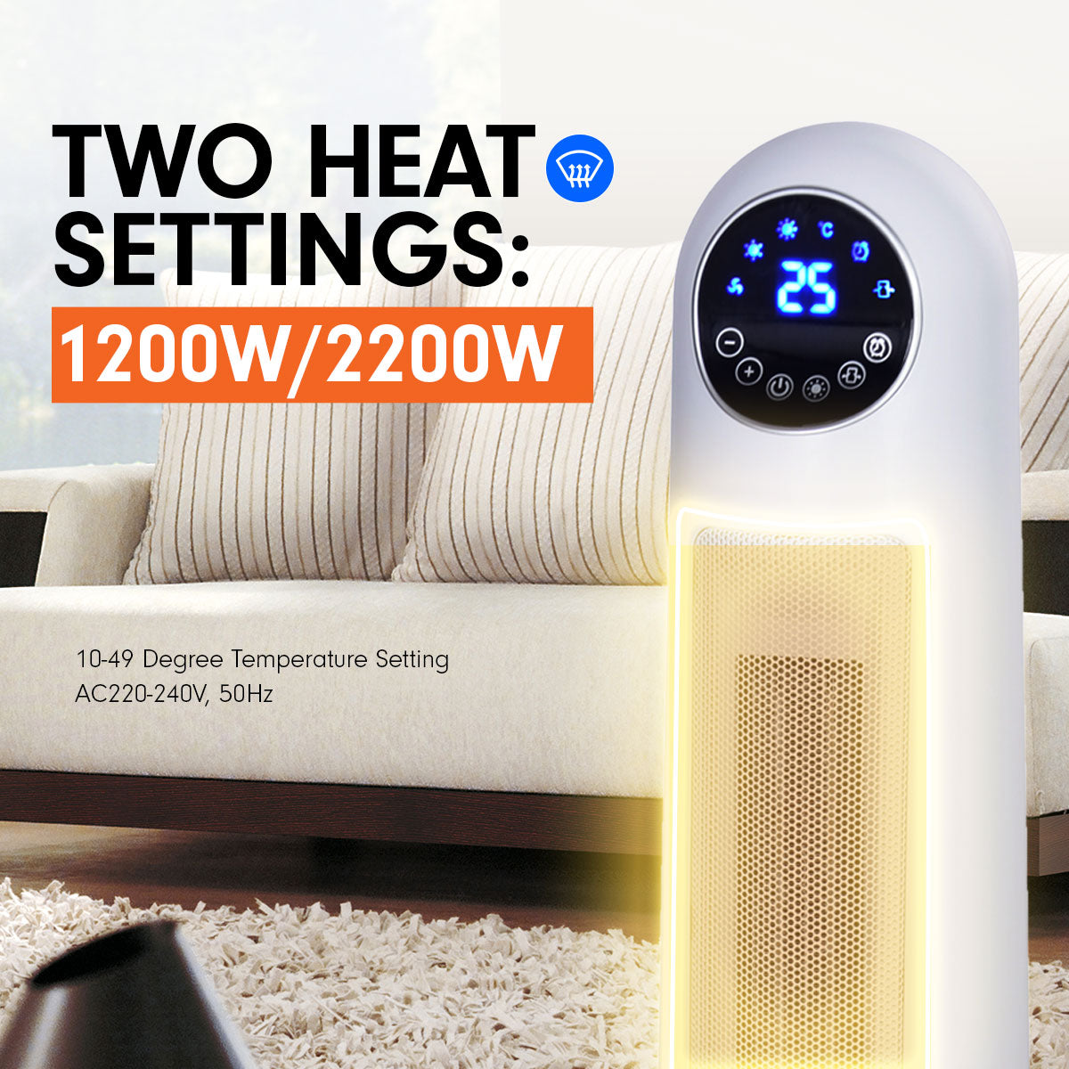 Pronti Electric Tower Heater 2200W in white with remote control, showcasing its sleek design and LED display.