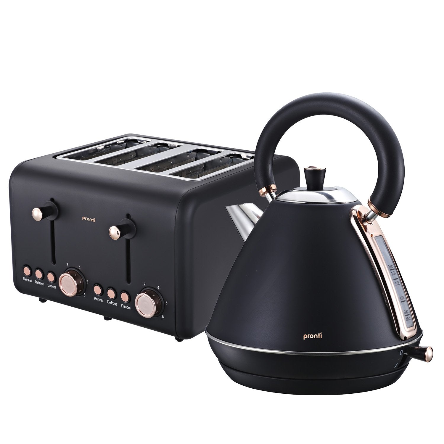 Pronti Rose Trim Collection Toaster and Kettle Bundle in Black with rose gold accents, showcasing modern kitchen elegance.