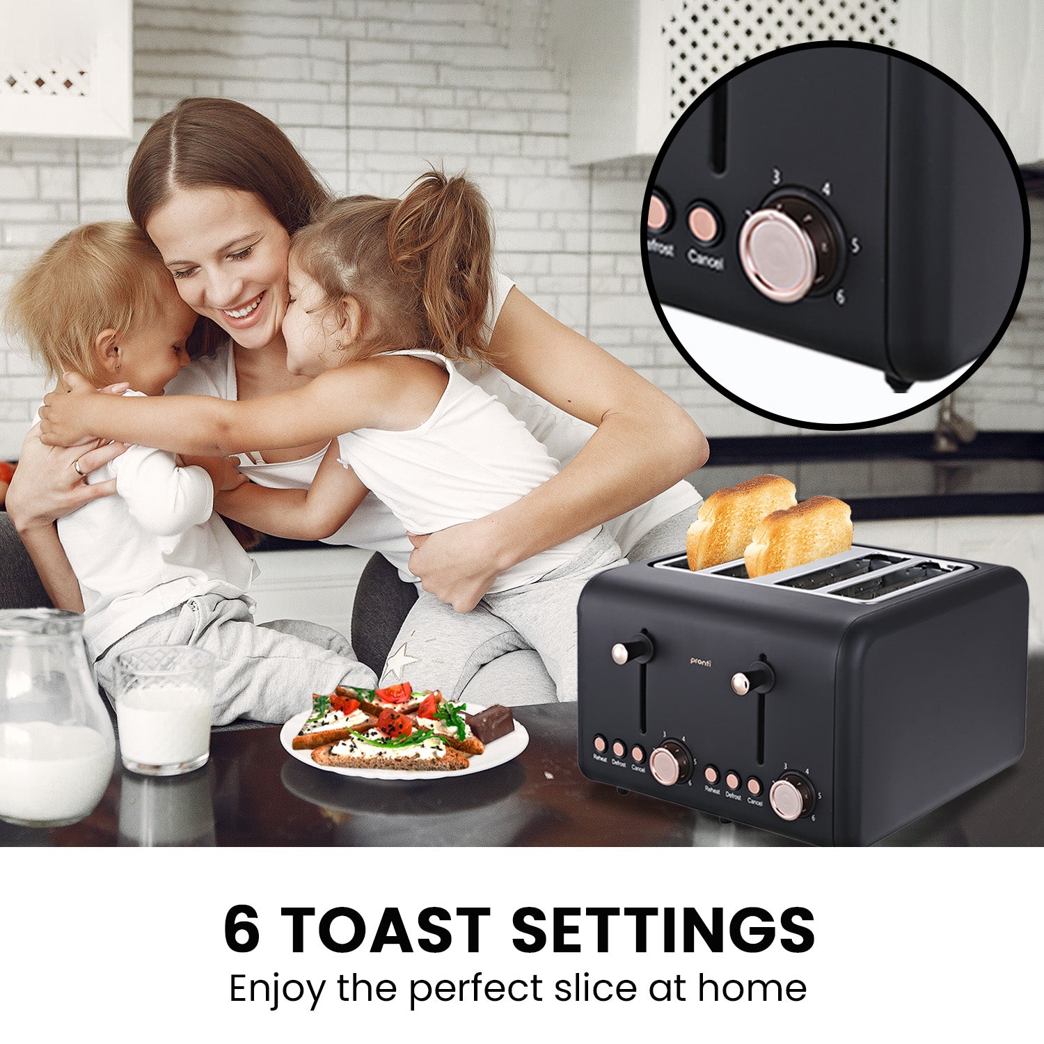 Pronti Rose Trim Collection Toaster and Kettle Bundle in Black with rose gold accents, showcasing modern kitchen elegance.