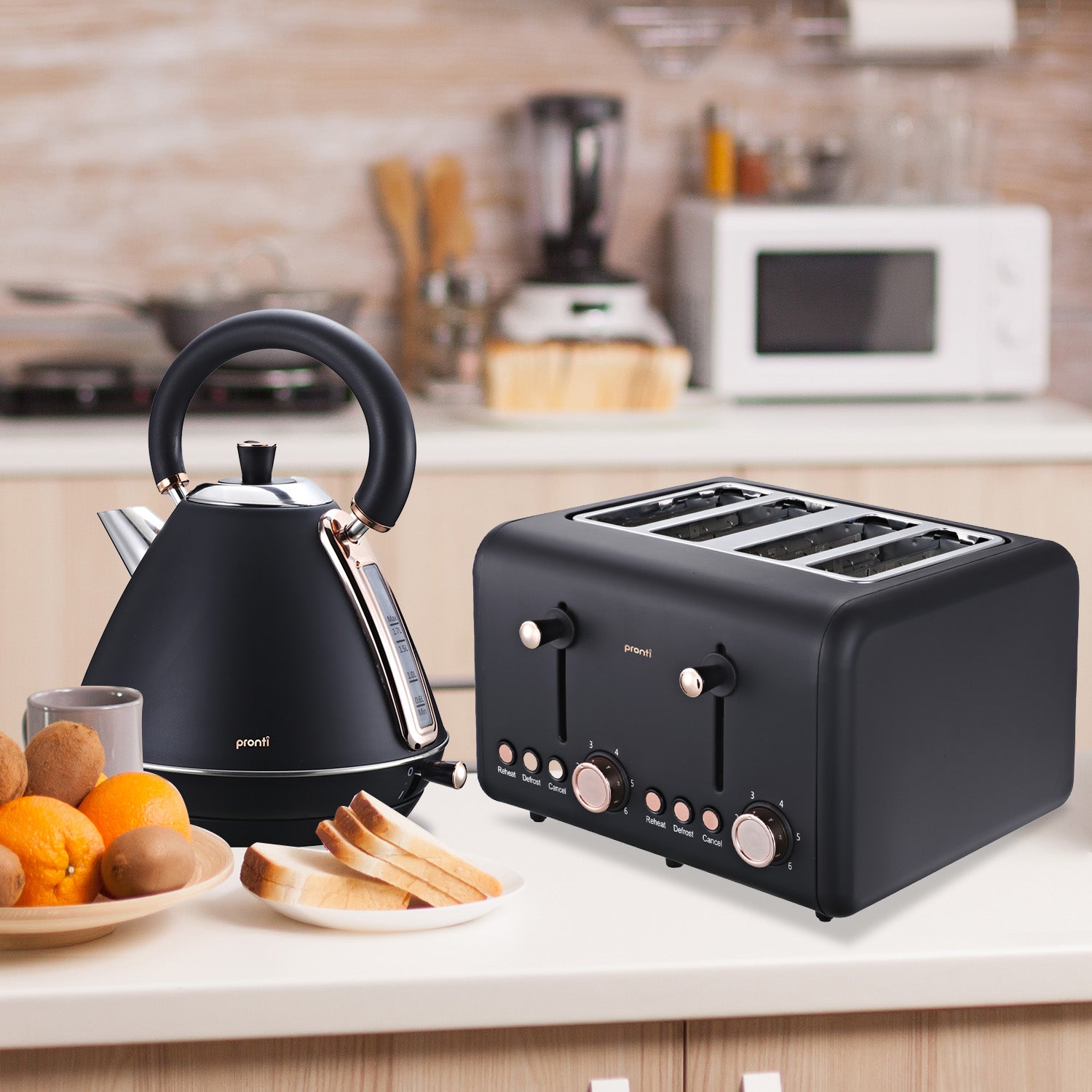 Pronti Rose Trim Collection Toaster and Kettle Bundle in Black with rose gold accents, showcasing modern kitchen elegance.