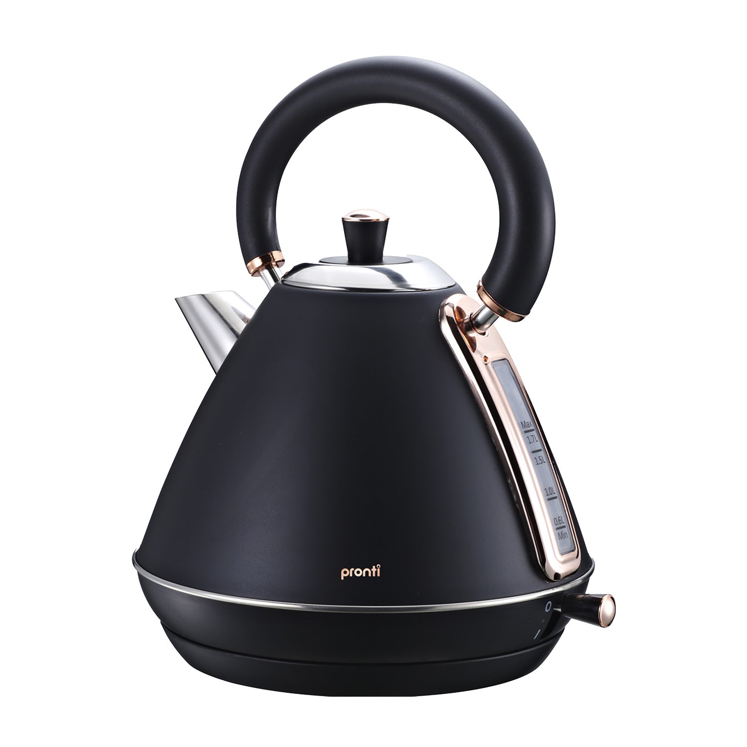 Pronti Rose Trim Collection Toaster and Kettle Bundle in Black with rose gold accents, showcasing modern kitchen elegance.