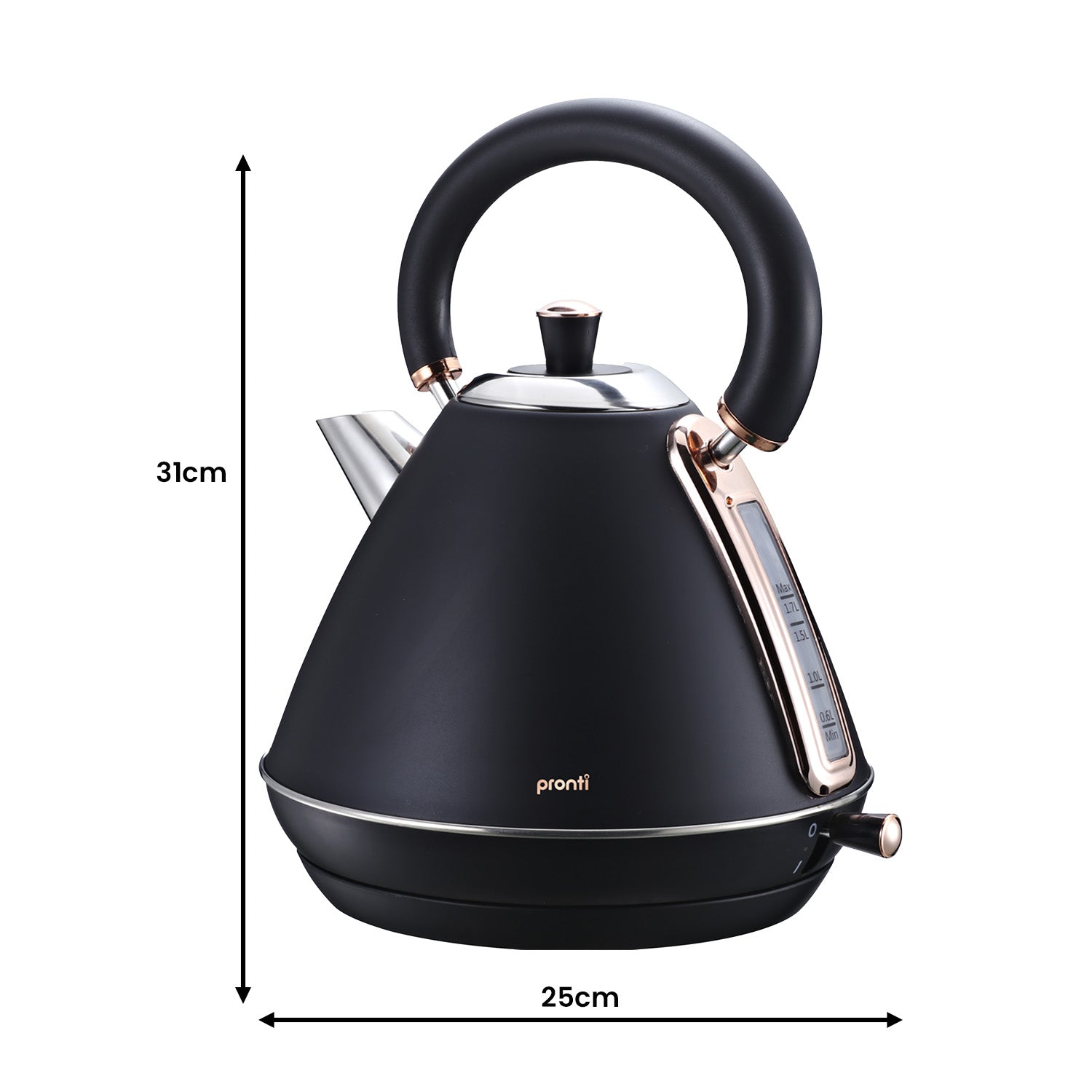 Pronti Rose Trim Collection Toaster and Kettle Bundle in Black with rose gold accents, showcasing modern kitchen elegance.