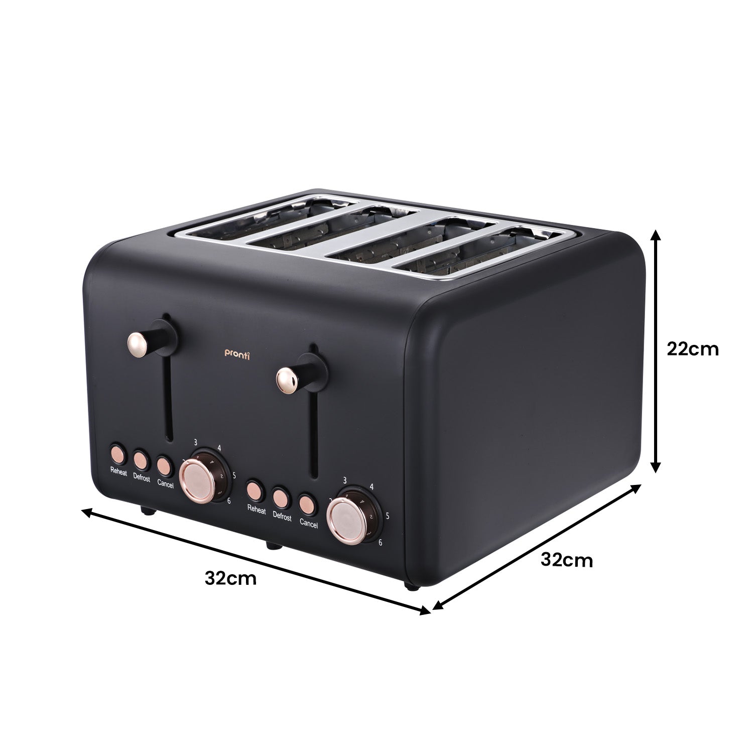 Pronti Rose Trim Collection Toaster and Kettle Bundle in Black with rose gold accents, showcasing modern kitchen elegance.