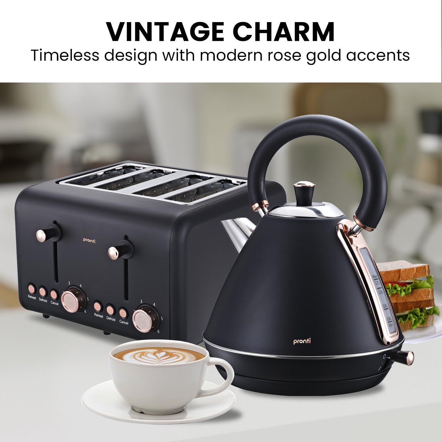 Pronti Rose Trim Collection Toaster and Kettle Bundle in Black with rose gold accents, showcasing modern kitchen elegance.