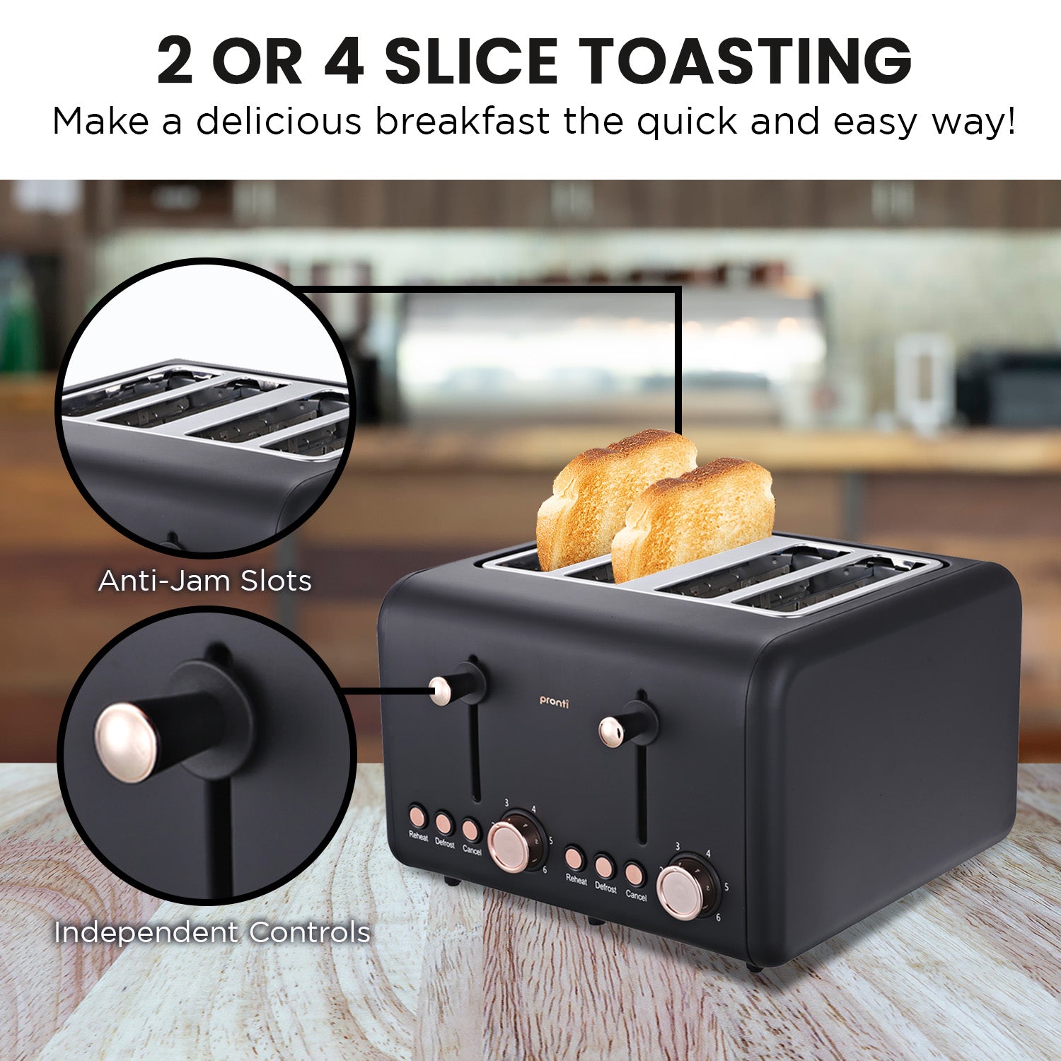 Pronti Rose Trim Collection Toaster and Kettle Bundle in Black with rose gold accents, showcasing modern kitchen elegance.